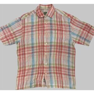 TOMMY BAHAMA Shirt Mens Medium Plaid 100% Linen Short Sleeve Button Front Up